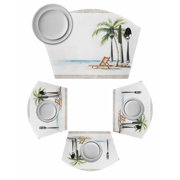 Beach Coastal Round Placemats Set of 2, Summer Nautical Ocean Palm Tree Seaside Placemats for Round Dining Table Shape Wedge Placemats for Outdoor Indoor Wipeable Clean Table Place Mats