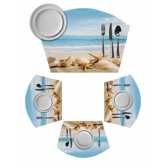 Beach Coastal Round Placemats Set of 2, Summer Seaside Shell Starfish Nautical Placemats for Round Dining Table Shape Wedge Placemats for Outdoor Indoor Wipeable Clean Table Place Mats