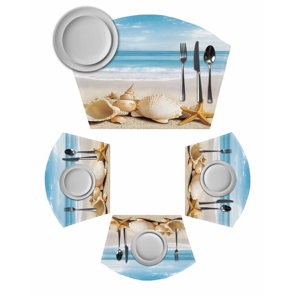 Beach Coastal Round Placemats Set of 4, Summer Nautical Seaside Starfish Shell Placemats for Round Dining Table Shape Wedge Placemats for Outdoor Indoor Wipeable Clean Table Place Mats