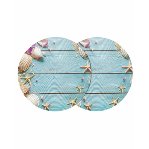 Beach Coastal Round Table Placemats set of 2, Farmhouse Starfish Shell Washable Woven Place Mats for Dining Tables Kitchen Party Decor,Heat Proof, 13in, Blue