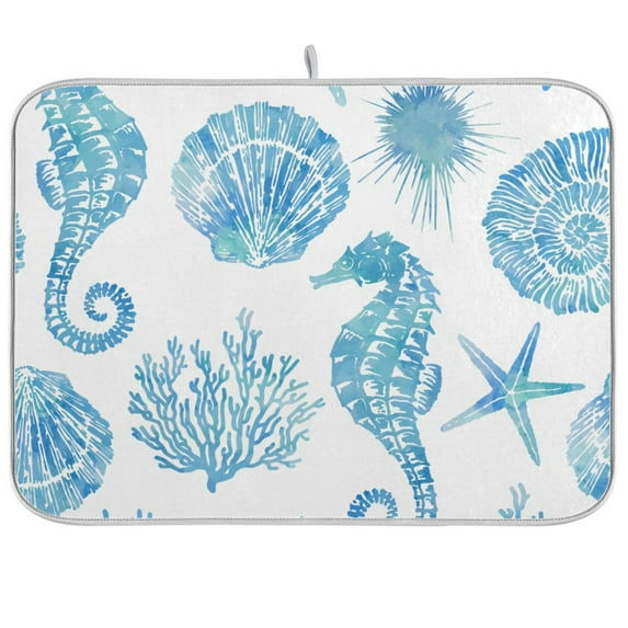 Beach Coastal Seahorse Dish Drying Mat Microfiber Kitchen Mats Large Counter Absorbent Dish Pad Drainer Rack 16"x18"