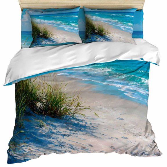 Beach Coastal Set of 4 Bedding Quilt Covers, Summer Nautical Seaside Ocean 4-Piece Bed Sheet Set with Extra Soft Bed Sheets Quilt Cover Pillowcase, Queen