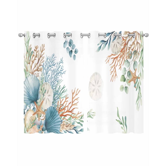 Beach Coastal Sheer Curtains 54 Inch Length 2 Panels Set for Living Room/Bedroom, Summer Nautical Coral Shell Botanical Kitchen Curtains Grommet Semi-Sheer Curtains Drapes Window Treatments 42"x54"x2