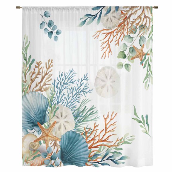 Beach Coastal Sheer Curtains 54 Inches Long, Summer Nautical Coral Shell Botanical Light Filering Curtains, Breathable Simi Curtain Privacy Drapes for Kitchen Bathroom Small Window Treatment