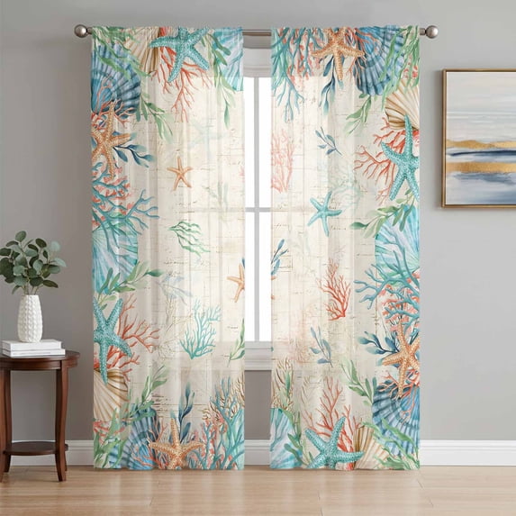 Beach Coastal Sheer Curtains 63 Inch Length 2 Panels Set Window Treatments, Summer Coral Starfish Nautical Ocean Vintage Rod Pocket Semi Curtains for Living Room/Bedroom/Kitchen Décor, 104"W x 63"L