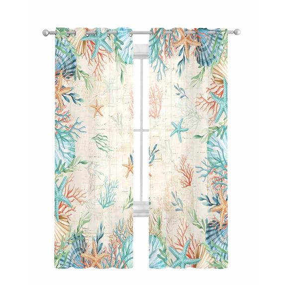 Beach Coastal Sheer Curtains 84 Inch Length 2 Panels Set for Living Room/Bedroom, Summer Coral Starfish Nautical Ocean Vintage Kitchen Curtains Grommet Semi-Sheer Curtains Window Treatments 52"x84"x2