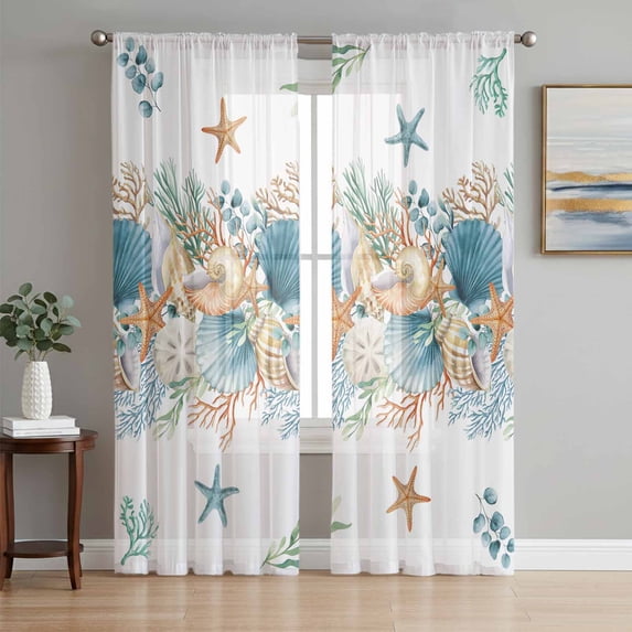 Beach Coastal Sheer Curtains 84 Inch Length 2 Panels Set Window Treatments, Nautical Shell Starfish Coral Summer Rod Pocket Semi Curtains for Living Room/Bedroom/Kitchen Décor, 104"W x 84"L