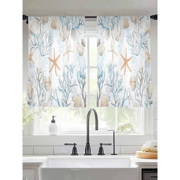 Beach Coastal Sheer Curtains for Living Room Bedroom Nautical Summer Starfish Coral Sea Sheer Curtains 45 Inch Long 2 Panels Set Light Filtering Curtain Window Treatments Drapes for Dining Room