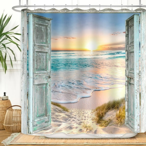 Beach Coastal Shower Curtain 72Lx72W Inch Ocean Sunrise Seaside Seascape Nautical Sea Rustic Barn Door Seashore Teal Blue Bathroom Decor Waterproof Fabric with 12PCS Hooks