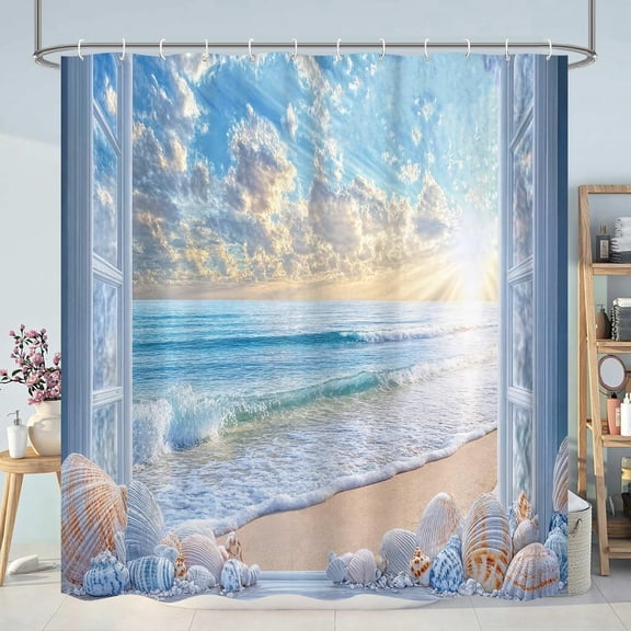 Beach Coastal Shower Curtain, Blue Ocean Sunrise Seaside Seascape Nautical Shower Curtains for Bathroom, Rustic Barn Door Seashell Bathroom Decor Shower Curtain,with Hooks-36"W x 72"L (Pack of 1)