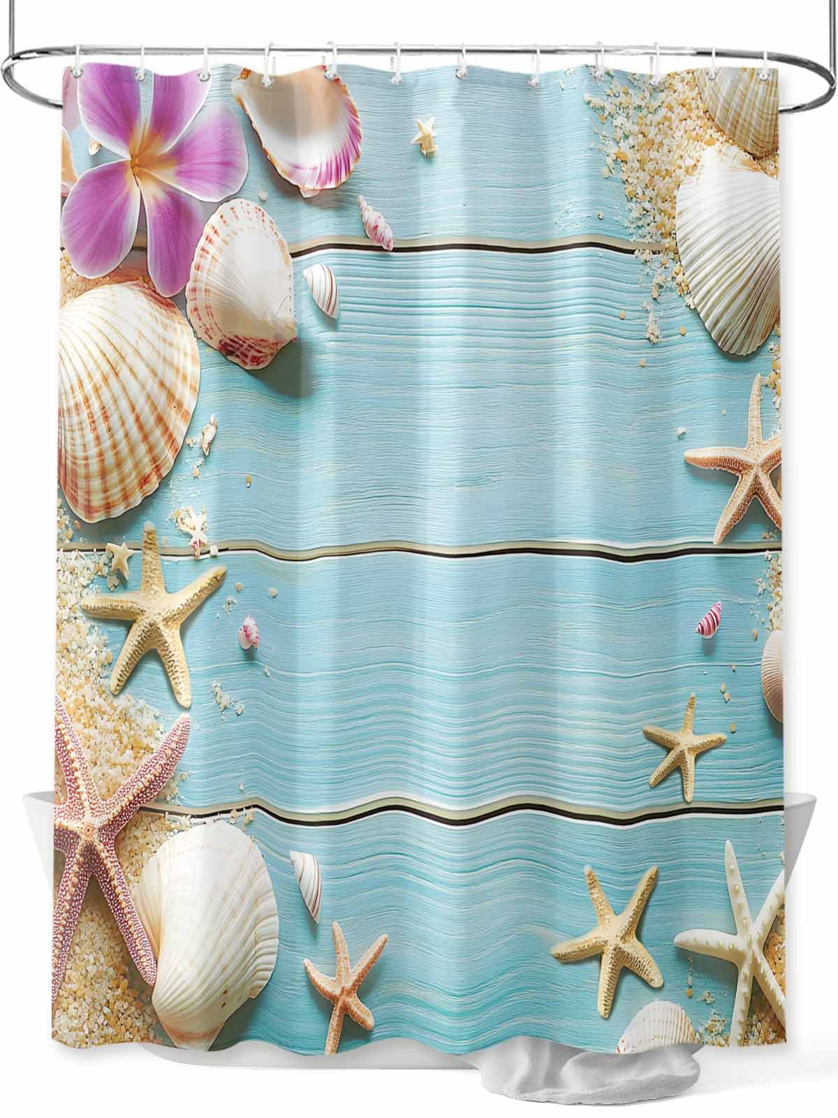 Image showcasing Beach Coastal Shower Curtain, Farmhouse Starfish Shell Bathroom Decor ...