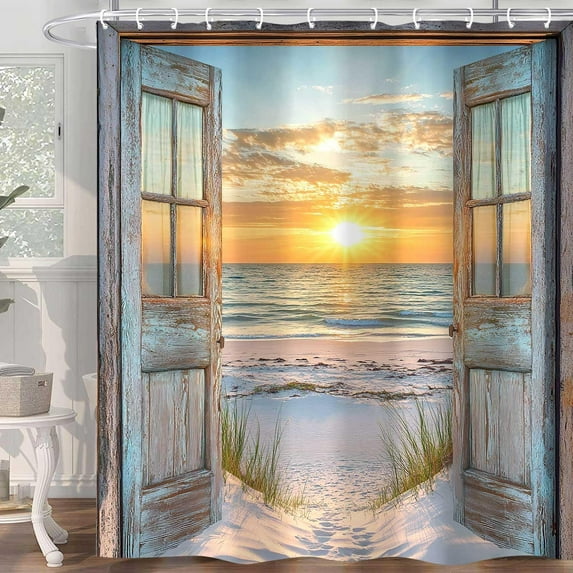 Beach Coastal Shower Curtain, Ocean Barn Door Nautical Sunrise Seaside Seascape Wave Decor Bath Curtains, Rustic Wood Teal Turquoise Bathroom Accessories Fabric Waterproof with Hooks, 84X72in