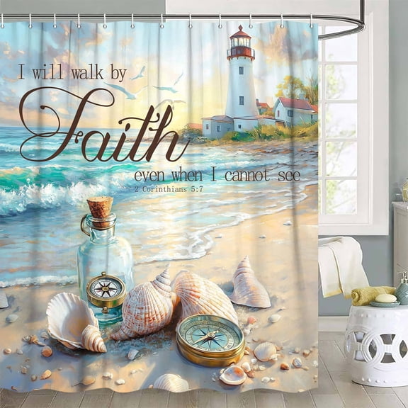 Beach Coastal Shower Curtain, Ocean Nautical Lighthouse Shower Curtain Set, Shells Drifting Bottles Seagulls Compass Decor Shower Curtain for Bathroom Polyester with 12 Hooks,72X72in