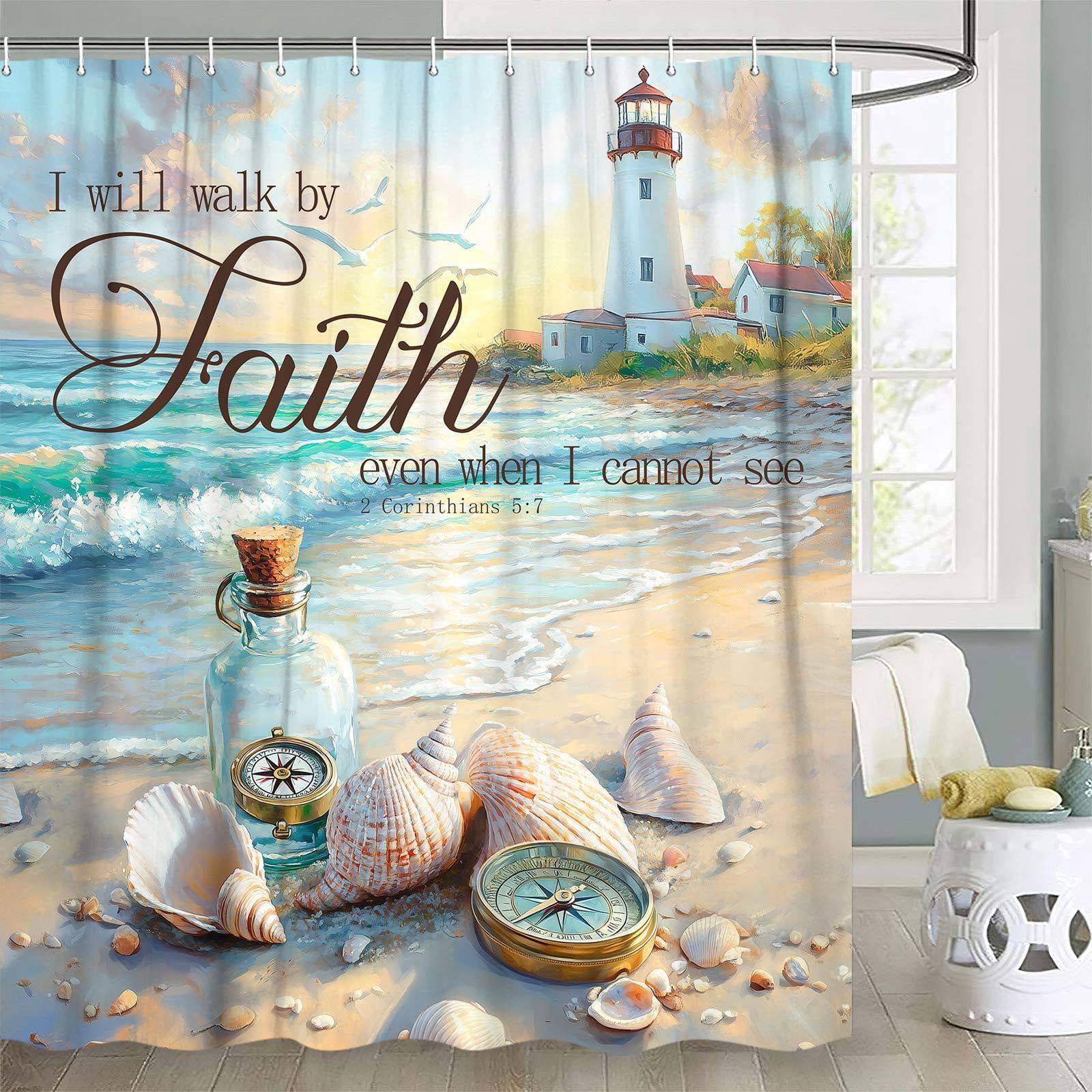 Beach Coastal Shower Curtain, Ocean Nautical Lighthouse Shower Curtain Set, Shells Drifting Bottles Seagulls Compass Decor Shower Curtain for Bathroom Polyester with 12 Hooks,60X70in