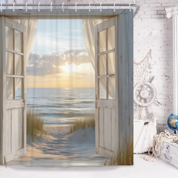 Beach Coastal Shower Curtain,Ocean Sunrise Seascape Nautical Shower Curtain,Rustic White Barn Door Seashore Fabric Shower Curtain for Bathroom,72"x72"