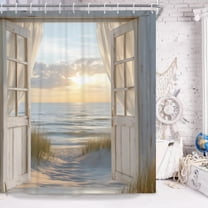 Beach Coastal Shower Curtain,Ocean Sunrise Seascape Nautical Shower Curtain,Rustic White Barn Door Seashore Fabric Shower Curtain for Bathroom,72"x72"