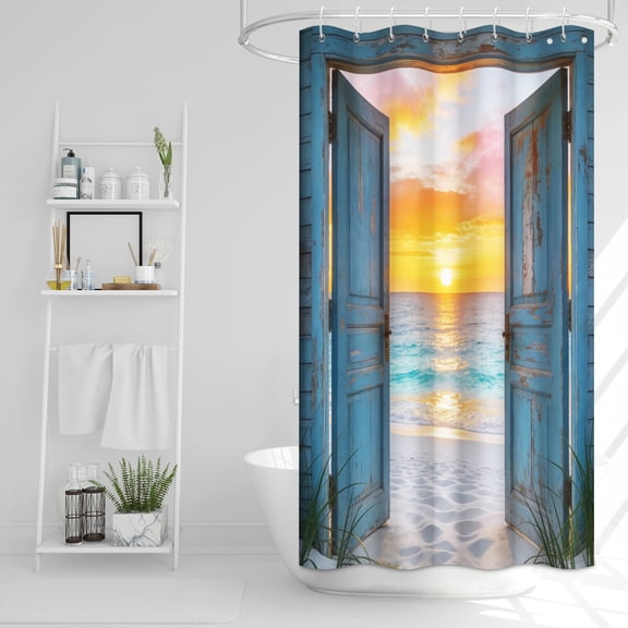 Beach Coastal Shower Curtain,Teal Ocean Sunrise Seascape Nautical Shower Curtain,Rustic Barn Door Seashore Fabric Shower Curtain for Bathroom,47"x71"