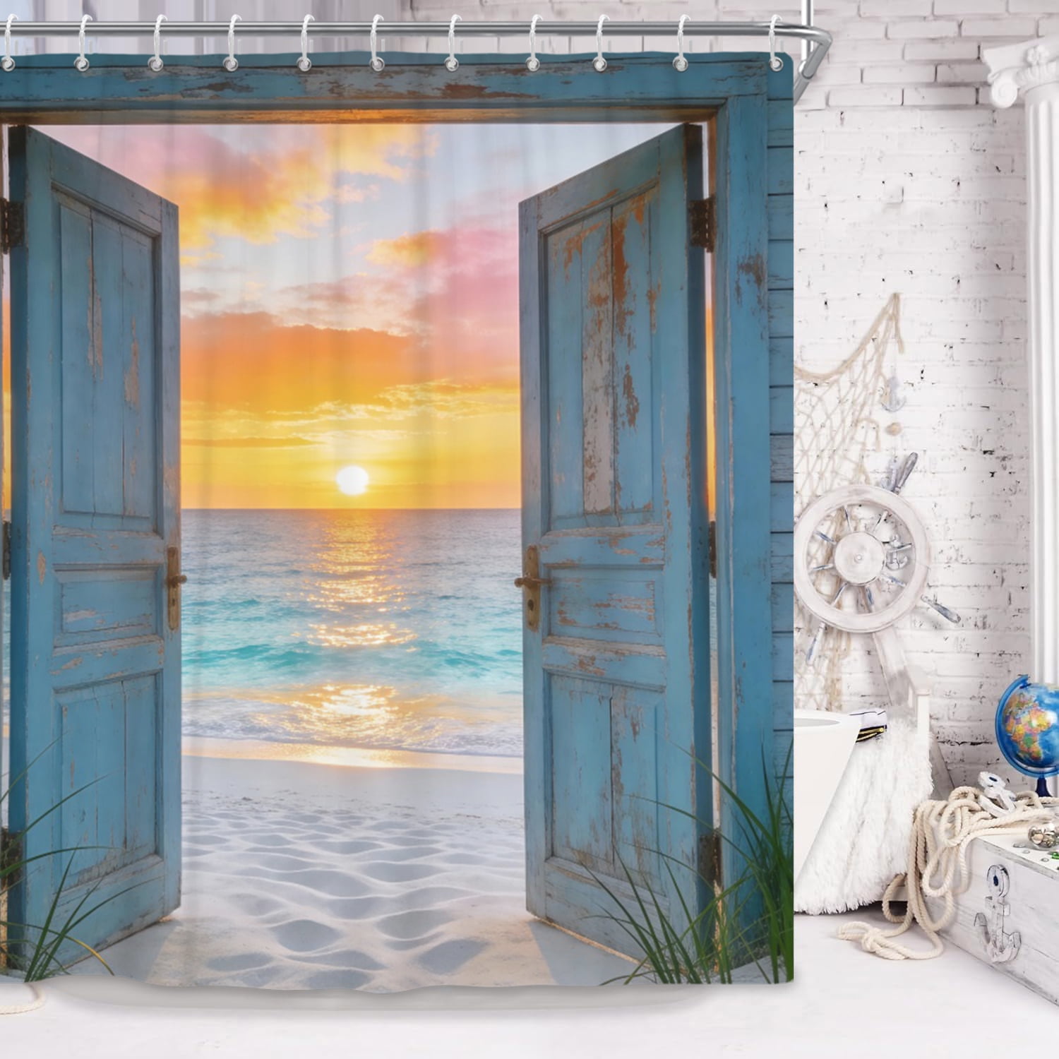 Beach Coastal Shower Curtain,Teal Ocean Sunrise Seascape Nautical Shower Curtain,Rustic Barn Door Seashore Fabric Shower Curtain for Bathroom,60"x72"