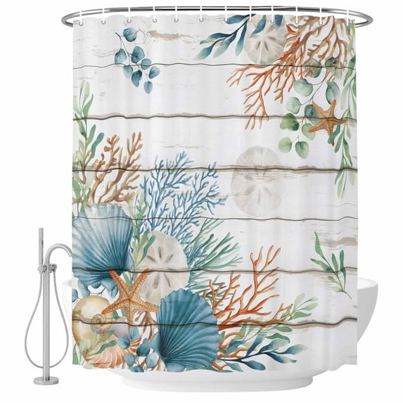 Beach Coastal Shower Curtain, Waterproof Shower Curtains for Bathroom, Summer Nautical Coral Shell Botanical Vintage Washable Fabric Bathtub Curtain Set Bath Decor with 12 Hooks Long 72"x84"