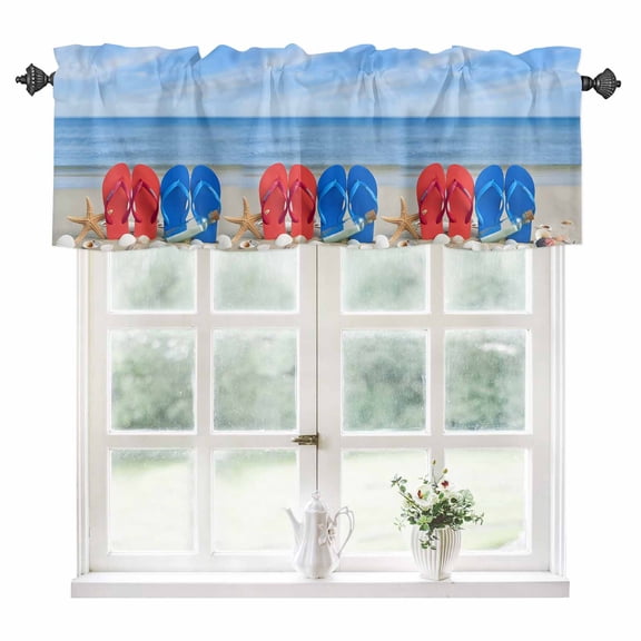 Beach Coastal Slippers Kitchen Valances for Windows 60x18 Inch Kitchen Curtains Valances Rod Pocket Ocean Starfish Shell Shoreline Bathroom Window Valances for Window Treatment Decor