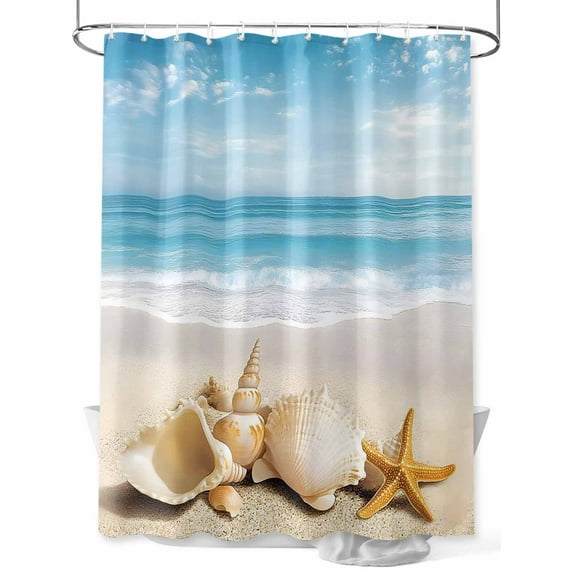 Beach Coastal Stall Shower Curtain, Waterproof Shower Curtains for Bathroom, Summer Nautical Seaside Starfish Shell Washable Fabric Cloth Bath Curtain for Bathtub Decoration with Hooks 36x72 Inches