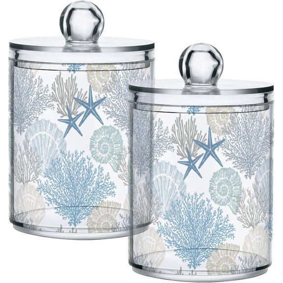 Beach Coastal Starfish Bathroom Canister Set of 2 Seashell Coral Qtip Holder Clear Plastic Jars Holder Dispense Bathroom Organizer Storage Jars with Lids Home Decor