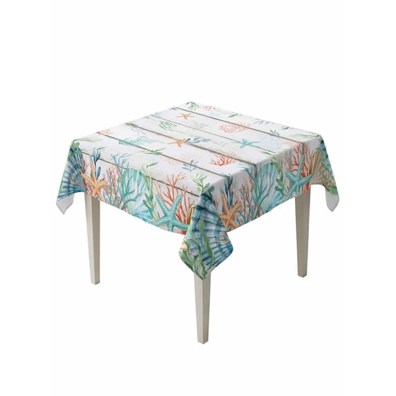 Beach Coastal Suqare Tablecloth - 54 x 54 Inch, Summer Coral Starfish Nautical Ocean Retro Waterproof & StainResistant Tablecloth, Washable Oil-proof Table Cover for Dining/Party/Wedding/Buffet