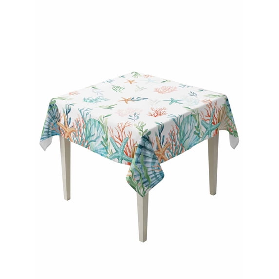 Beach Coastal Suqare Tablecloth - 54 x 54 Inch, Summer Coral Starfish Nautical Ocean Waterproof & StainResistant Tablecloth, Washable Oil-proof Table Cover for Dining/Party/Wedding/Camping/Buffet