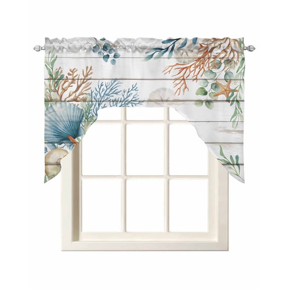 Beach Coastal Swag Valances for Windows, Small Curtains Drapes, Summer Nautical Coral Shell Botanical Vintage Kitchen Window Curtains Over Sink Window Treatment Valance for Bedroom/Bathroom 56"x36"