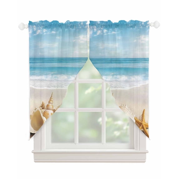 Beach Coastal Swag Valances for Windows, Summer Nautical Seaside Starfish Shell Rod Pocket Sheer Valances for Large Windows, Swag Toppers Light Filtering for Kitchen Living Room 2 Panels 36''x63''