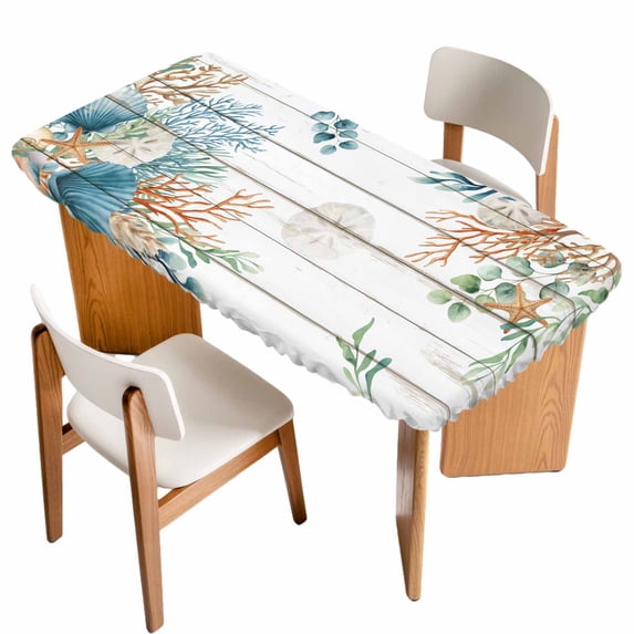 Beach Coastal Table Cloths for 4 Foot Rectangle Tables, Summer Nautical Coral Shell Botanical Vintage Patio Waterproof Elastic Fitted Tablecloths, Washable Rectangular Table Cover for Camping