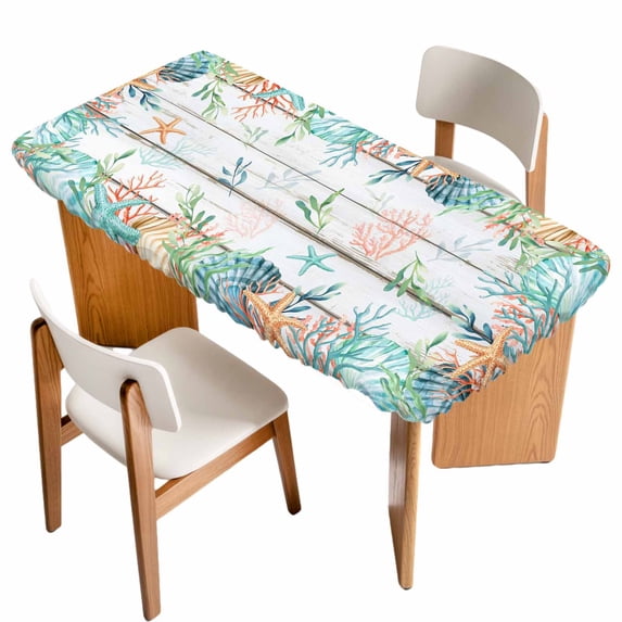 Beach Coastal Table Cloths for 5 Foot Rectangle Tables, Summer Coral Starfish Nautical Ocean Retro Patio Waterproof Elastic Fitted Tablecloths, Washable Rectangular Table Cover for Camping