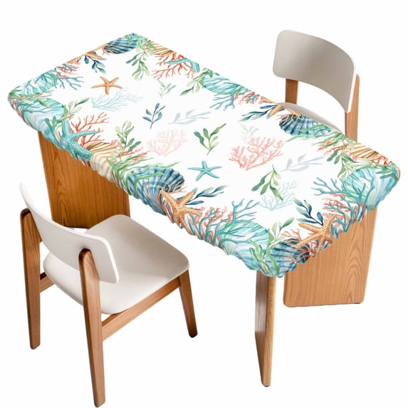 Beach Coastal Table Cloths for 6 Foot Rectangle Tables, Summer Coral Starfish Nautical Ocean Patio Waterproof Elastic Fitted Tablecloths, Washable Rectangular Table Cover for Camping
