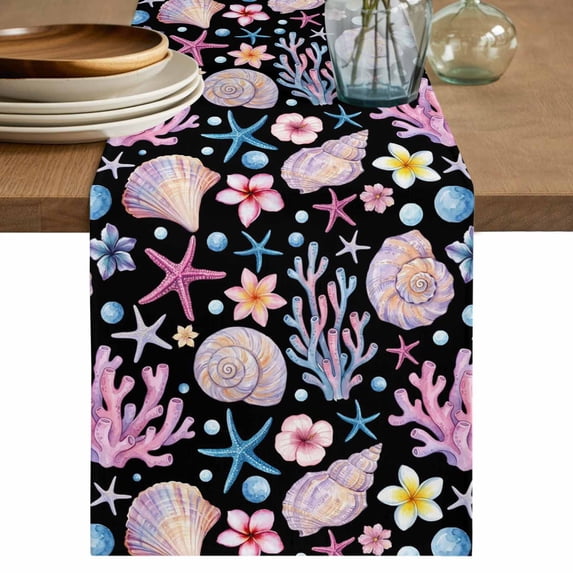 Beach Coastal Table Runner 70 Inches, Summer Nautical Shell Starfish Coral Black Bed Runner Dresser Scarves Tabletop for Indoor Outdoor Parties/Ceremony/Banquet, 13" x 70"