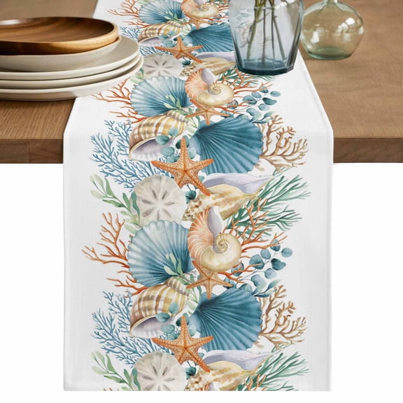 Beach Coastal Table Runner, Nautical Shell Starfish Coral Summer Washable Cotton Linen Table Runners 36 Inches Long, Dresser Scarf Runner for Nightstand/End Tables/Round Tables 13''x36''