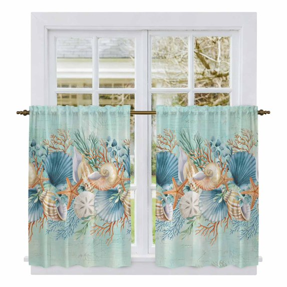 Beach Coastal Teal Kitchen Curtain for Berdoom Living Room Cafe 45 Inch Length, Nautical Shell Starfish Coral Summer Tiers Curtains Light Filtering Drapes Window Treatment 2 Panels 52"Wx45"L