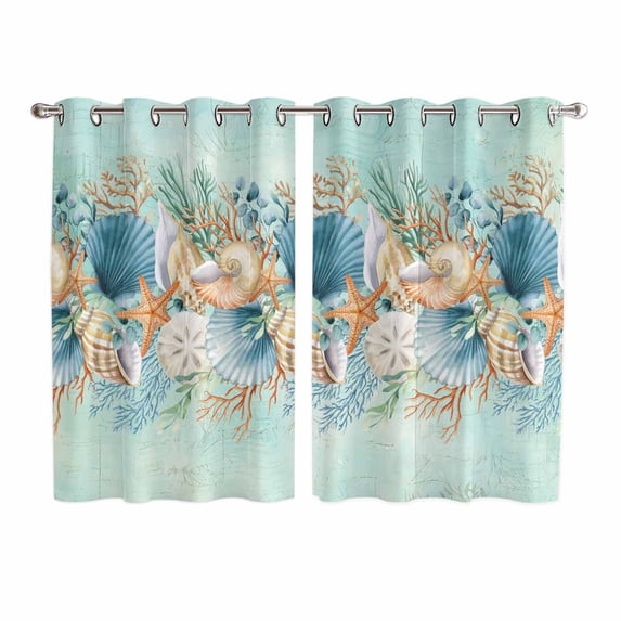 Beach Coastal Teal Kitchen Curtains Window Panels, Nautical Shell Starfish Coral Summer Insulated Window Treatment Curtain, Grommet Curtains for Bedroom/Living Room/Bathroom, 2 Piece 52"Wx72"L
