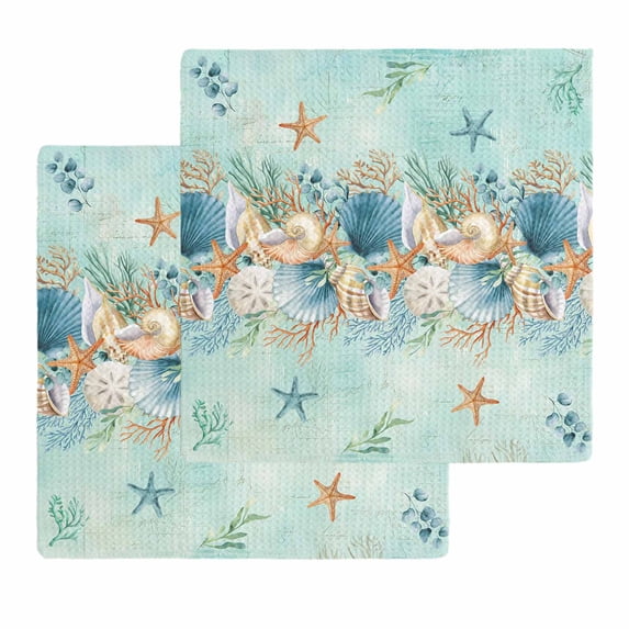Beach Coastal Teal Kitchen Dish Towels for Drying Dishes Set of 2, Nautical Shell Starfish Coral Summer Waffle Weave Microfiber Hand Tea Bathroom Towels Quick Dry & Absorbent Towel 12x12