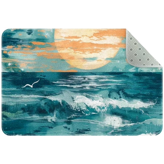 Beach Coastal Teal Ocean Sunrise Pattern Small Area Rug, Non-Slip Door Mat Indoor Floor Mat, Washable Kitchen Rug Entrance DMat for Bedroom Living Room