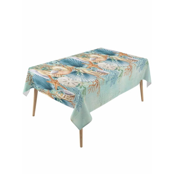 Beach Coastal Teal Rectangle Tablecloth, Nautical Shell Starfish Coral Summer Waterproof & StainResistant Tablecloth, Washable Oil-proof Table Cover for Dining/Party/Wedding/Camping/Buffet 54x108 In