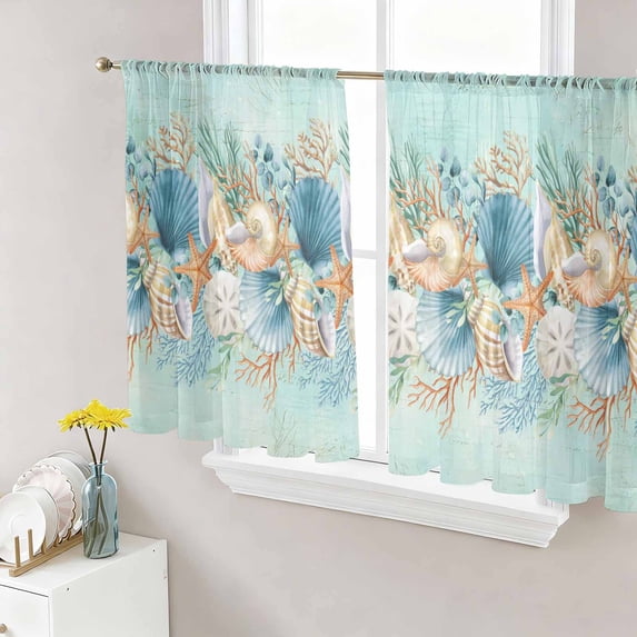Beach Coastal Teal Sheer Curtains 54 Inch Length 2 Panels Set Window Treatments, Nautical Shell Starfish Coral Summer Rod Pocket Semi Curtains for Living Room/Bedroom/Kitchen Décor, 104"W x 54"L
