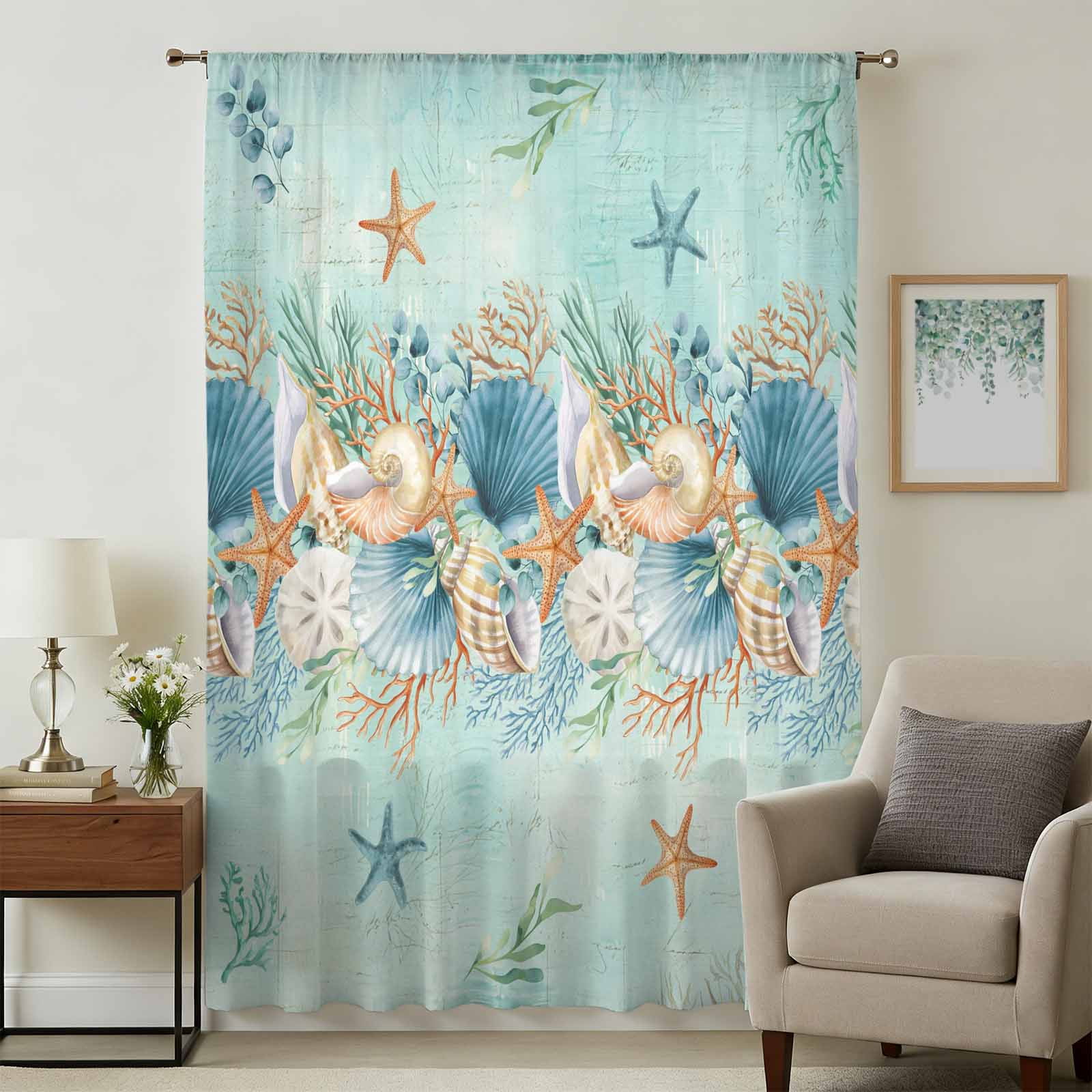 Beach Coastal Teal Sheer Curtains 63 Inch Length for Bedroom, Nautical ...