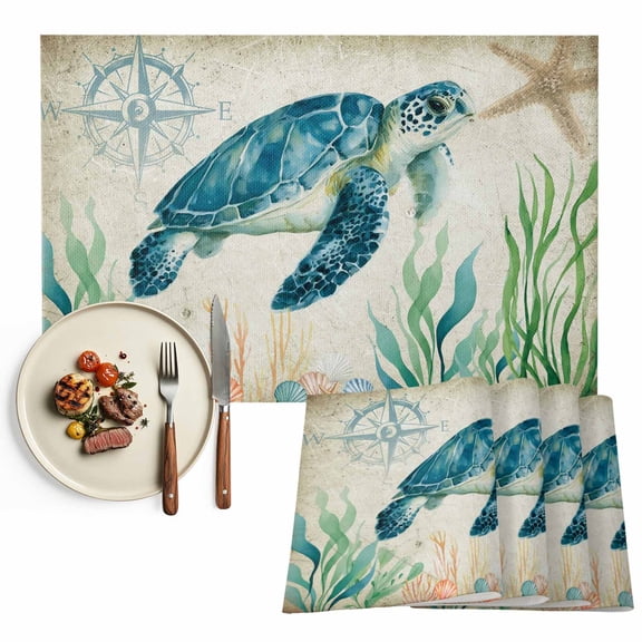 Beach Coastal Theme Placemat of 1 PC, Vintage Sea Turtle Table Mats Washable Heat-Resistant Non-Slip Place Mats for Kitchen Dinner Table Indoor Outdoor Decor,13x19 Inch