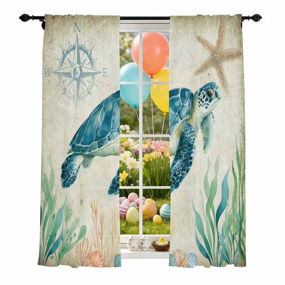 Beach Coastal Theme Sheer Curtains 108 Inch Long Rod Pocket Semi Transparent Light Filtering Window Drapes for Kitchen Bedroom Living Room,2 Panels, Vintage Sea Turtle