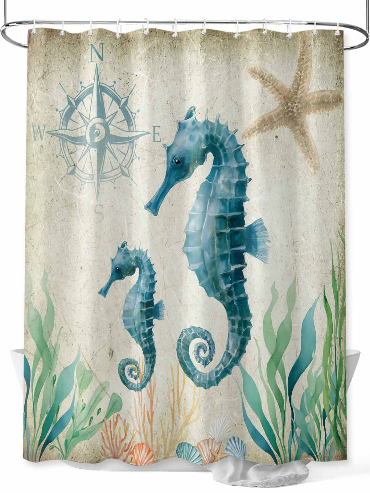 Beach Coastal Theme Shower Curtain, Vintage Ocean Seahorse Bathroom ...