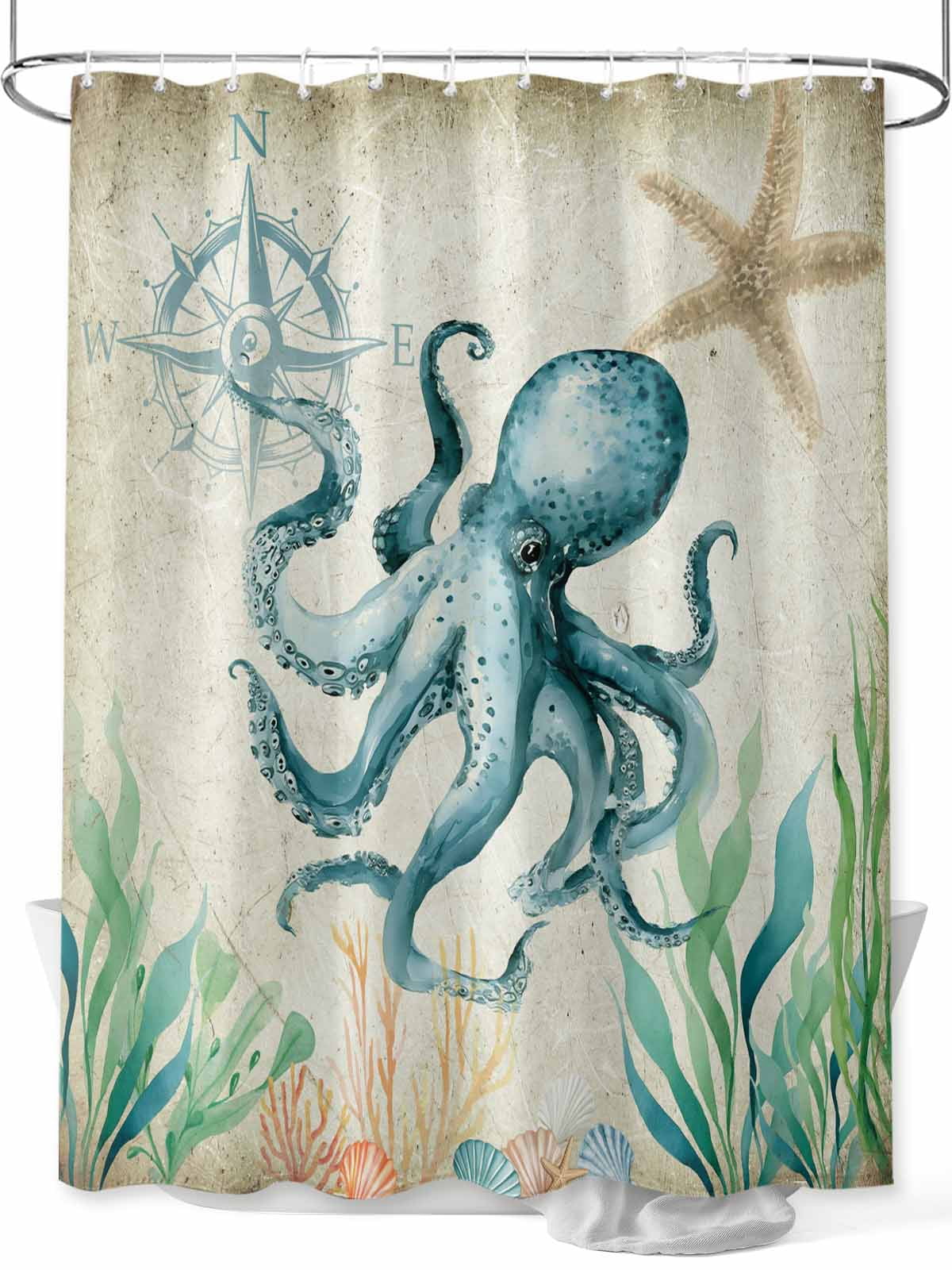 Image showcasing Beach Coastal Theme Shower Curtain, Vintage Sea Octopus Bathroom Decor ...