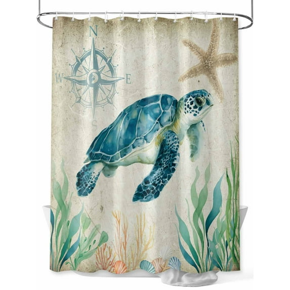 Beach Coastal Theme Shower Curtain, Vintage Sea Turtle Bathroom Decor Curtains Set with Hooks, Waterproof Fabric Home Accessories, 72 X 84 Inch Extra Long