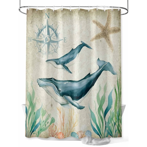 Beach Coastal Theme Shower Curtain, Vintage Sea Whale Bathroom Decor Curtains Set with Hooks, Waterproof Fabric Home Accessories, 66 X 72 Inch Long