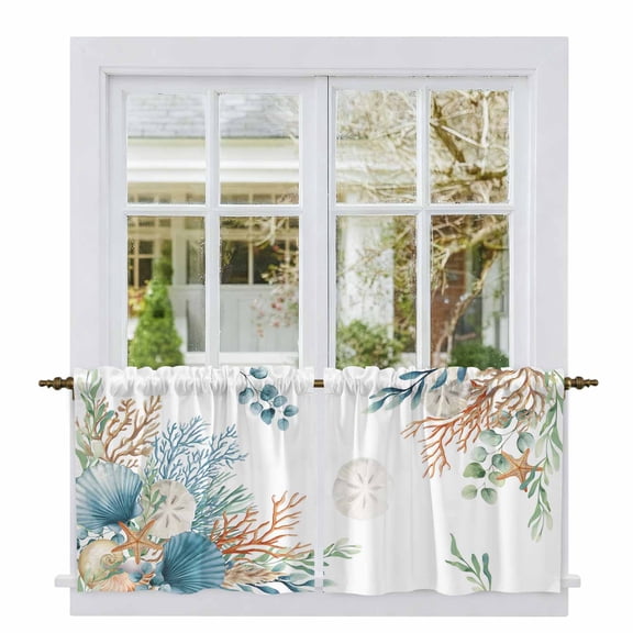 Beach Coastal Tier Curtains 24 Inch Length, Summer Nautical Coral Shell Botanical Cafe Short Curtains for Bathroom Over Sink, Small Kitchen Curtain Light Filtering Tiered Drapes 2 Panels 27.5"Wx24"L