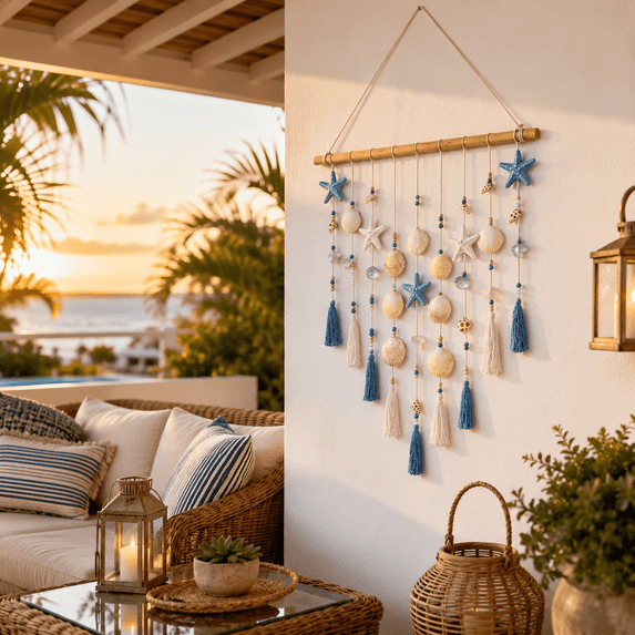 Beach Coastal Wall Decor Handmade Ocean Themed 15.75 Inch Boho Wall Art with Starfish Seashells Blue White Beaded Tassel Hanging on Wooden Rod for Farmhouse Bathroom Bedroom Kitchen Dining Room
